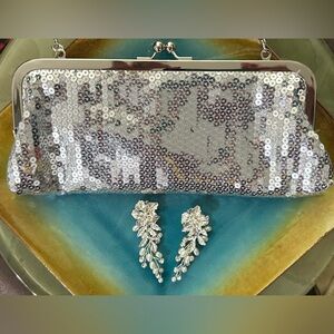 Silver Sequin Clutch  With Floral Rhinestone Earrings
